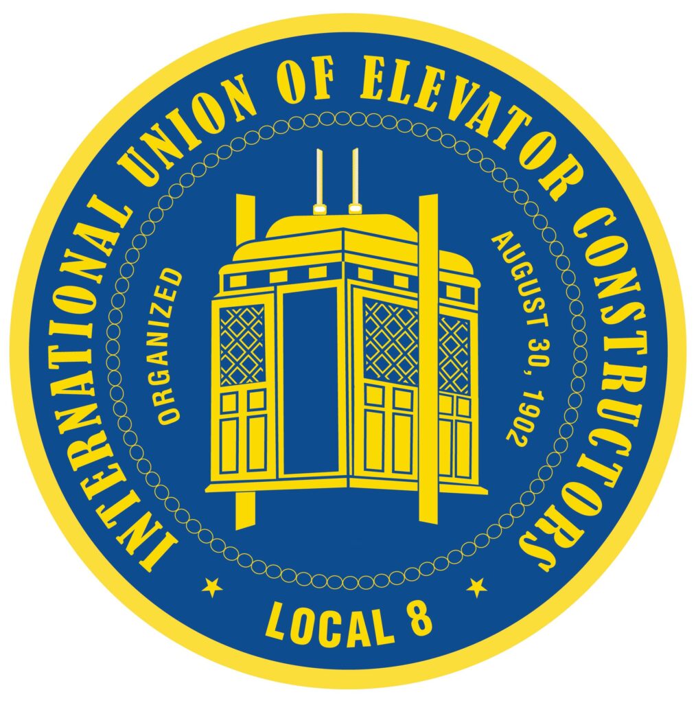Seal of the International Union of Elevator Constructors, Local 8, established in 1902.